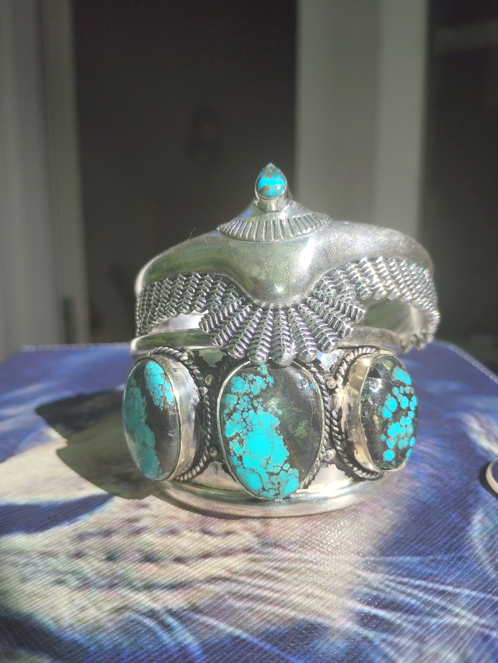 Turquoise Stone Silver Cuff Bracelet - Blue Turquoise
